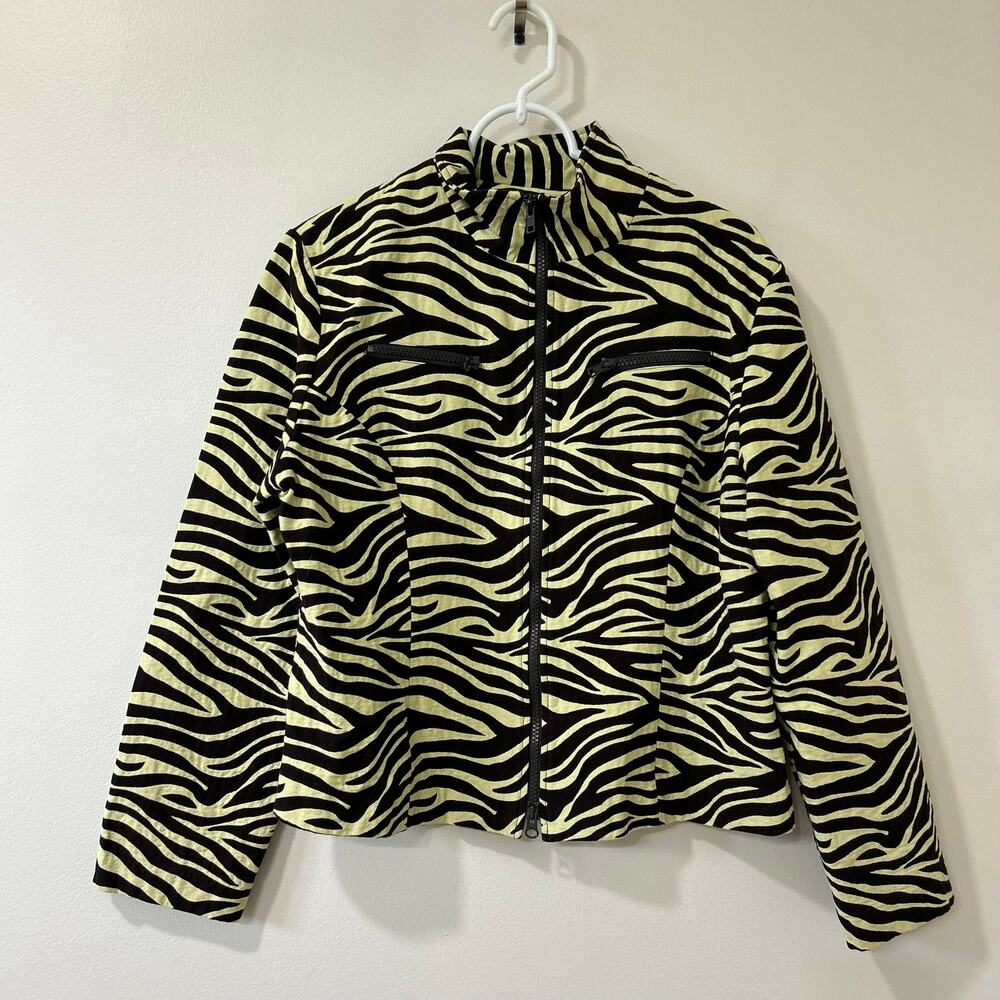 Nabi Womens Sz Large Brown Cream Zebra Striped Full Zip Jacket Animal Print